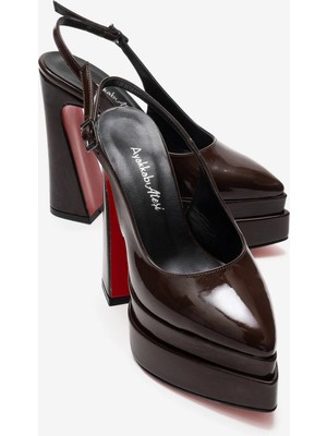 Ayakkabı Ateşi Kadın Kahverengi Rugan Arkası Açık Sivri Burun Çift Platform Yüksek Topuklu Ayakkabı Medelo