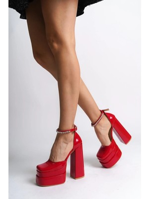 Ayakkabı Ateşi Kırmızı Rugan Çift Platform Özel Tasarım Nikah ve Gelinlik Yüksek Topuklu Kadın Ayakkabısı Figoro