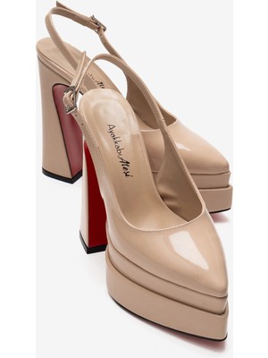 Ayakkabı Ateşi Kadın Nude Rugan Arkası Açık Sivri Burun Çift Platform Yüksek Topuklu Ayakkabı Medelo