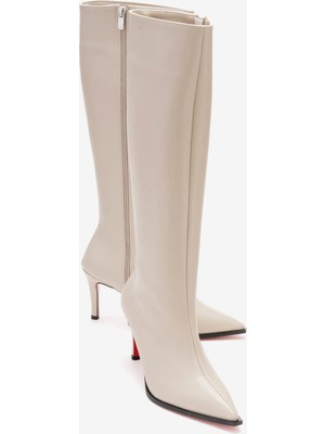 Ayakkabı Ateşi Kadın Bej Cilt Sivri Burun Kısa Topuklu Diz Altı Çizme Togie