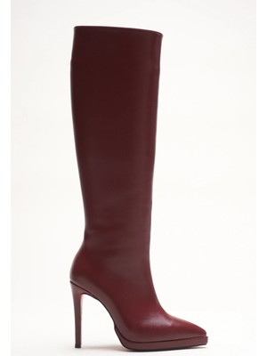 Ayakkabı Ateşi Kadın Diz Altı Kısa Platform Topuklu Çizme Amazen Bordo Cilt