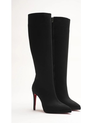 Ayakkabı Ateşi Kadın Diz Altı Kısa Platform Topuklu Çizme Amazen Siyah Dana Süet