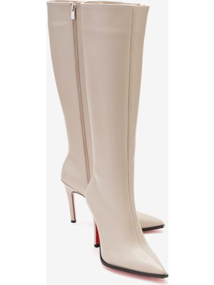 Ayakkabı Ateşi Kadın Diz Altı Fermuarlı Ince Topuklu Çizme Yoran Bej Cilt