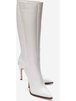 Ayakkabı Ateşi Kadın Diz Altı Fermuarlı Ince Topuklu Çizme Yoran Beyaz Cilt