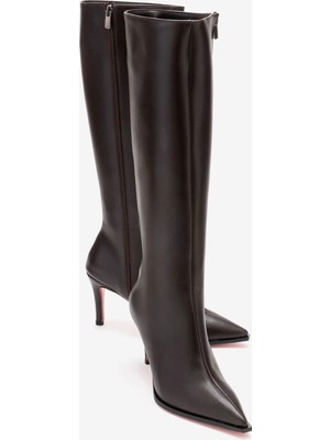 Ayakkabı Ateşi Kadın Kahverengi Cilt Sivri Burun Kısa Topuklu Diz Altı Çizme Togie