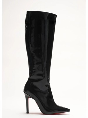 Ayakkabı Ateşi Kadın Sivri Burun Yüksek Topuklu Diz Altı Çizme Limbo Siyah Rugan