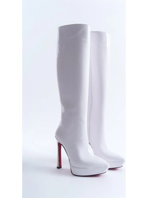 Ayakkabı Ateşi Kadın Tasarım Platform Yüksek Topuklu Çizme Carcie Beyaz Rugan