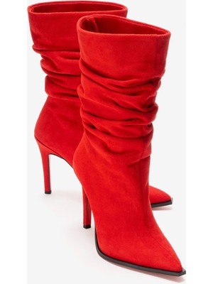 Ayakkabı Ateşi Büzgülü Kadın Bot Kırmızı Süet Sivri Burun Ince Topuklu Körüklü Şık Çizme Stane