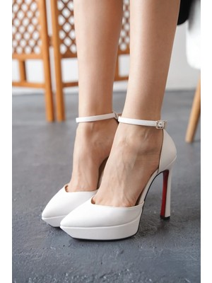 Ayakkabı Ateşi Beyaz Cilt Baretli Kadın Platform Topuklu Ayakkabı Accies