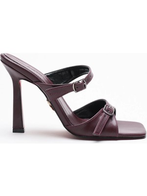 Ayakkabı Ateşi Kadın Çift Bant Tokalı Topuklu Terlik Rona Bordo Cilt