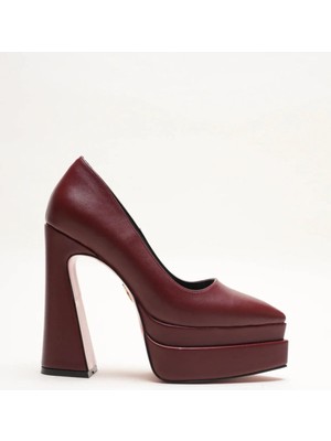 Ayakkabı Ateşi Çift Platformlu Kalın Yüksek Topuklu Sivri Burun Kadın Ayakkabı Bordo Cilt Rigel