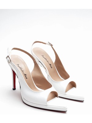 Ayakkabı Ateşi Kadın Arka Açık Sivri Burun Ince Topuklu Platform Ayakkabı Hari Beyaz Rugan