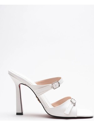 Ayakkabı Ateşi Kadın Çift Bant Tokalı Topuklu Terlik Rona Beyaz Cilt