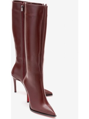 Ayakkabı Ateşi Kadın Diz Altı Fermuarlı Ince Topuklu Çizme Yoran Bordo Cilt