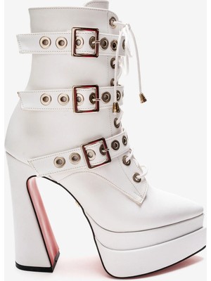 Ayakkabı Ateşi Kadın Beyaz Cilt Üç Tokalı Sivri Burun Yüksek Topuklu Fermuarlı Bot Rugani