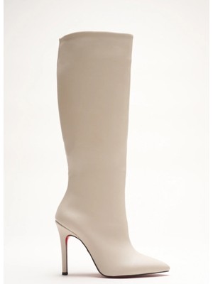 Ayakkabı Ateşi Kadın Sivri Burun Yüksek Topuklu Diz Altı Çizme Limbo Bej Cilt