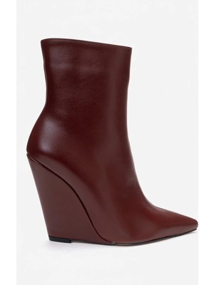 Ayakkabı Ateşi Kadın Bordo Cilt Sivri Burun Dolgu Topuklu  Bot Polly