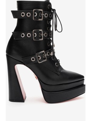 Ayakkabı Ateşi Kadın Siyah Cilt Üç Tokalı Sivri Burun Yüksek Topuklu Fermuarlı Bot Rugani