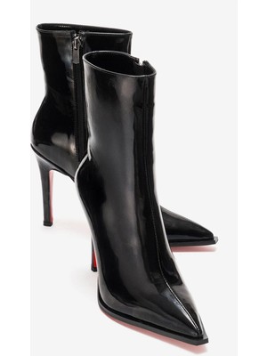 Ayakkabı Ateşi Kadın Tasarım Taban Bilek Boy Ince Topuklu Bot Yanni Siyah Rugan