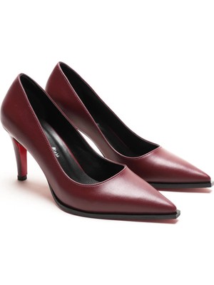 Ayakkabı Ateşi Kadın Bordo Cilt Sivri Burun Tasarım Taban Ince Kısa Topuklu Ayakkabı Gronia