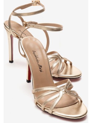 Ayakkabı Ateşi Kadın Altın Açık Kafes Burun Tasarım Ince Topuklu Biyeli Ayakkabı Cage