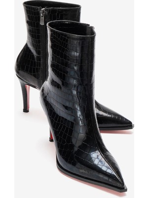 Ayakkabı Ateşi Kadın Siyah Krokodil Bilek Boy Kısa Ince Topuklu Bot Torina