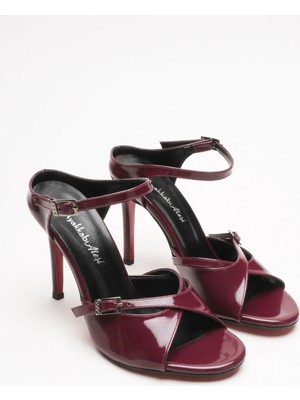 Ayakkabı Ateşi Kadın Çift Bantlı Tasarım Topuklu Ayakkabı Liona Bordo Rugan