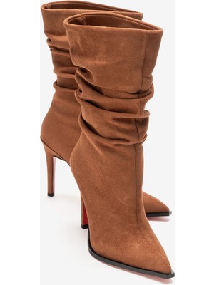 Ayakkabı Ateşi Büzgülü Kadın Bot Taba Süet Sivri Burun Ince Topuklu Körüklü Şık Çizme Stane