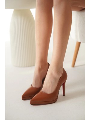 Ayakkabı Ateşi Taba Cilt Kısa Platformlu Kadın Ince Topuklu Ayakkabı Nicola