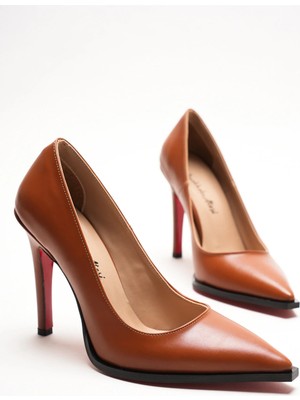 Ayakkabı Ateşi Taba Cilt Stiletto Topuklu Ayakkabı Sivri Burun Klasik Abiye Kadın Ayakkabısı Tokyova