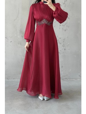 Tesettür Diyarı Mosera Janjan Kumaş Beli Taşlı Tesettür Abiye- Bordo