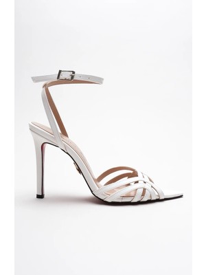 Ayakkabı Ateşi Kadın Açık Kafes Burun Tasarım Ince Topuklu Ayakkabı Prona Beyaz Rugan