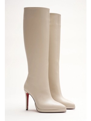 Ayakkabı Ateşi Kadın Diz Altı Kısa Platform Topuklu Çizme Amazen Bej Cilt