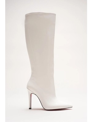 Ayakkabı Ateşi Kadın Sivri Burun Fermuarsız Ince Topuklu Diz Altı Çizme Monias Beyaz Rugan