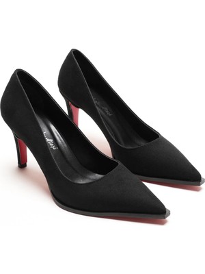 Ayakkabı Ateşi Kadın Siyah Süet Sivri Burun Tasarım Taban Ince Kısa Topuklu Ayakkabı Gronia