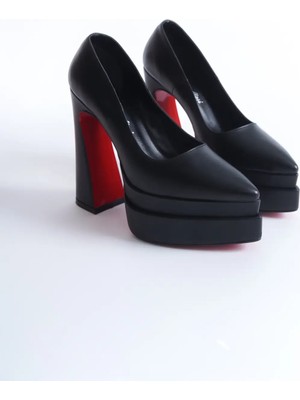 Ayakkabı Ateşi Siyah Cilt Çift Platform Özel Tasarım Yüksek Topuklu Kadın Ayakkabısı Rigel