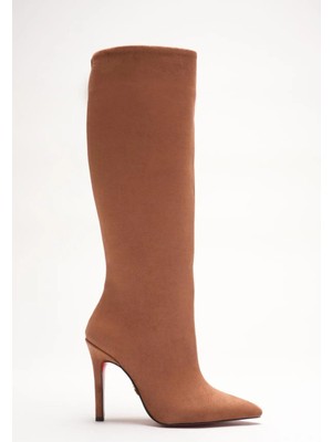 Ayakkabı Ateşi Kadın Sivri Burun Fermuarsız Ince Topuklu Diz Altı Çizme Monias Taba Dana Süet