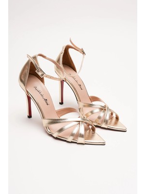 Ayakkabı Ateşi Kadın Özel Tasarım Ince Topuklu Ayakkabı Accosie Altın Kırışık