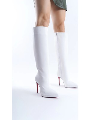 Ayakkabı Ateşi Kadın Diz Altı Kısa Platform Topuklu Çizme Amazen Beyaz Rugan