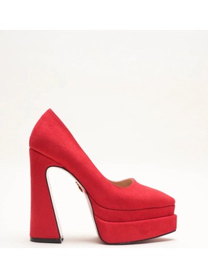 Ayakkabı Ateşi Çift Platformlu Kalın Yüksek Topuklu Sivri Burun Kadın Ayakkabı Kırmızı Süet Rigel