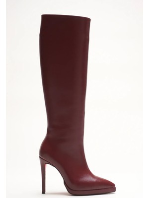 Ayakkabı Ateşi Kadın Diz Altı Kısa Platform Topuklu Çizme Amazen Bordo Cilt