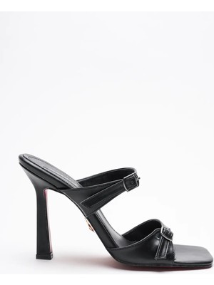 Ayakkabı Ateşi Kadın Çift Bant Tokalı Topuklu Terlik Rona Siyah Cilt