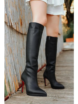 Ayakkabı Ateşi Kadın Diz Altı Kısa Platform Topuklu Çizme Amazen  Siyah Cilt