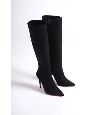 Ayakkabı Ateşi Siyah Süet Tasarım Kadın Çizme Yüksek Topuklu Ayakkabı Limbo
