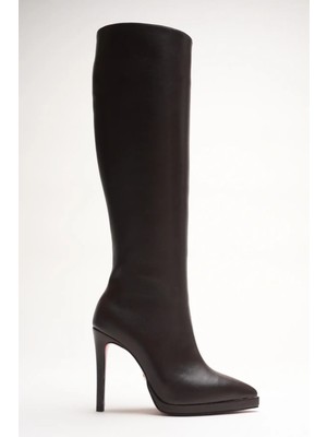 Ayakkabı Ateşi Kadın Diz Altı Kısa Platform Topuklu Çizme Amazen Kahverengi Cilt