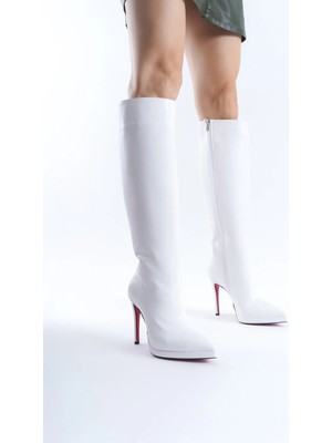 Ayakkabı Ateşi Kadın Diz Altı Kısa Platform Topuklu Çizme Amazen Beyaz Rugan