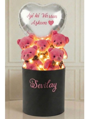 Sole Kişiye Özel Isim Yazılı Lüks Kutuda LED Işıklı Peluş Fuşya 5'li Ayıcık Buketi