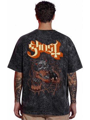 Sevbano Tasarım Ghost Rock Metal Müzik Grubu Sırt Baskılı Unisex Oversize Vintage Yıkamalı Tişört