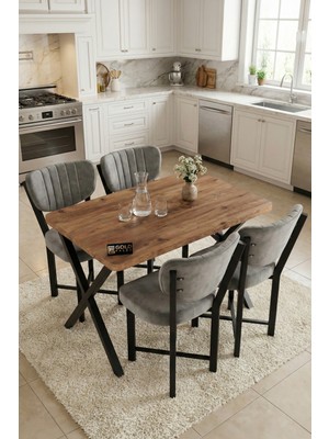 Gold Falez Mutfak Masası 4 Sandalyeli Set 110X70 cm Modern Masa Takımı Cafe Balkon Ofis Masa Elma 9884 Gri