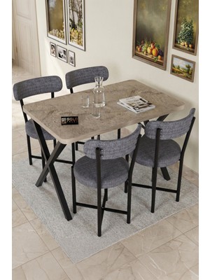 Gold Falez Mutfak Masası 4 Sandalyeli Set 110X70 cm Modern Bahçe Cafe Masa Takımı 4 Kişilik Teddy 9882 Gri